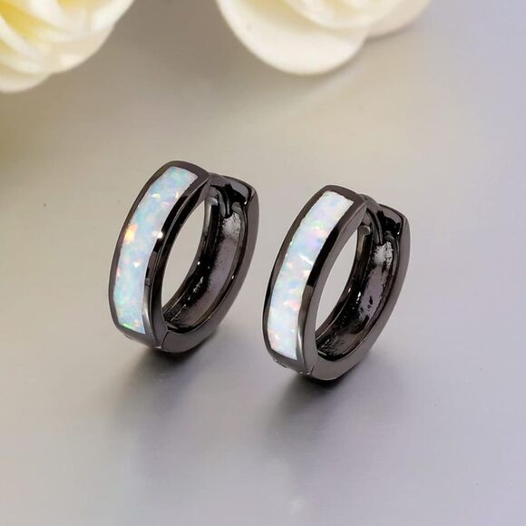 14K Black Gold with Genuine White Fire Opal Huggie Hoop Snap Hinge Earrings - Picture 2 of 5